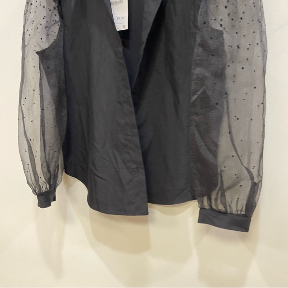 Zara Puff Tooled Sleeve Button Front Blouse Black Career NWT Womens XS - Picture 3 of 8